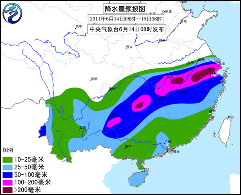 降水量预报图（2011年6月14日08时~16日08时