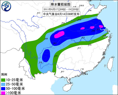  降水量预报图（2011年6月17日08时~19日20时）