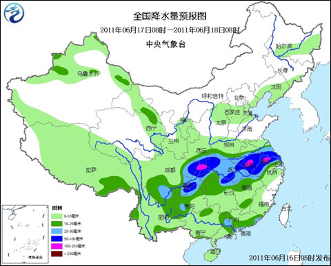 降水量预报图（2011年6月17日08时～18日08时）