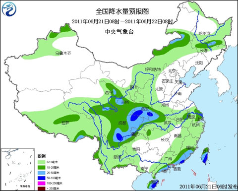 全国降水量预报图（6月21日08时-22日08时）