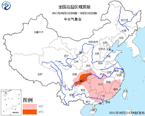 全国高温区域预报图