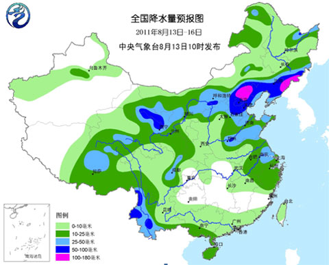 全国降水量预报图（8月13日至16日）