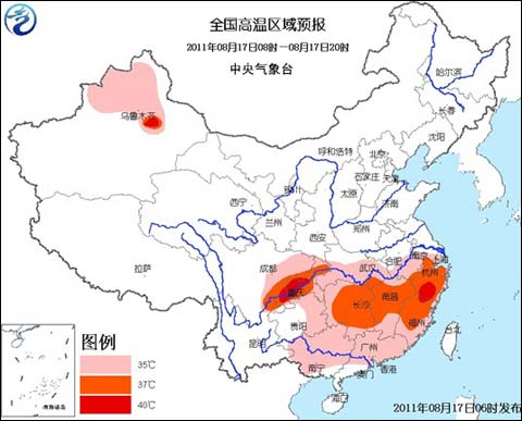 全国高温区域预报图