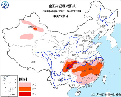 全国高温区域预报图