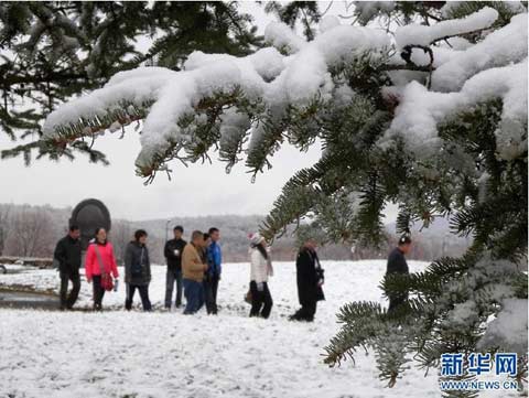 10月24日，游客在黑龙江省牡丹江市镜泊湖景区观赏雪景。