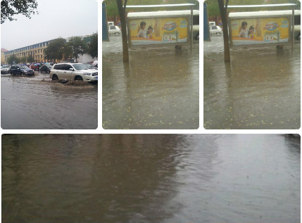 呼和浩特昨天降下大雨，城区内积水严重。（来源：新浪微博）