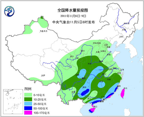 11月6日至9日全国降水量预报图