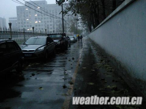 今晨7:00，北京市海淀区，小雨如期而至。（詹璐 摄）