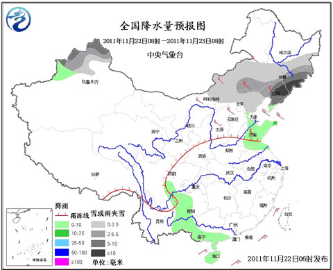 22日8时至23日8时全国降水量预报图