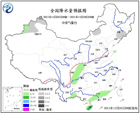 25日8时至26日8时全国降水量预报图