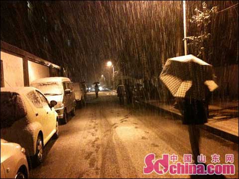 济南今迎入冬首场雪（中国山东网 图）