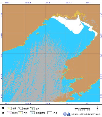 12月8日渤海海冰卫星监测图（图中白色区域为海冰覆盖范围）