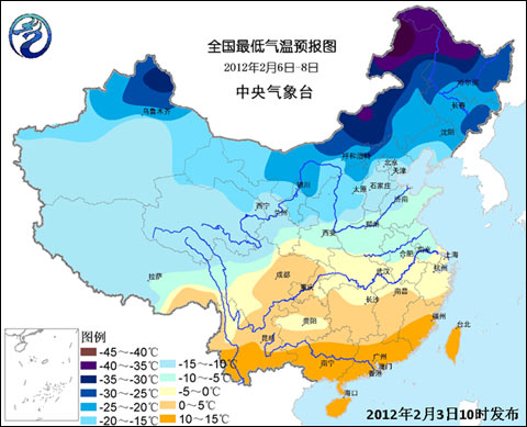 图3 全国最低气温预报图（2012年2月6日～8日）